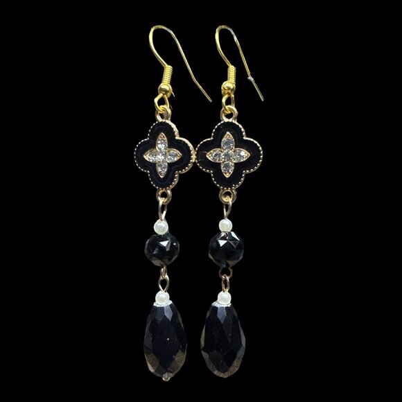 Earrings Dangle Black Obsidian Clover CZ gemstone Jewelry Event Gift New - Picture 5 of 8